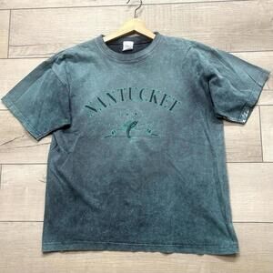 Vintage Nantucket USA T-Shirt Washed Green Fishing Graphic Yesterdays Sz L Dye